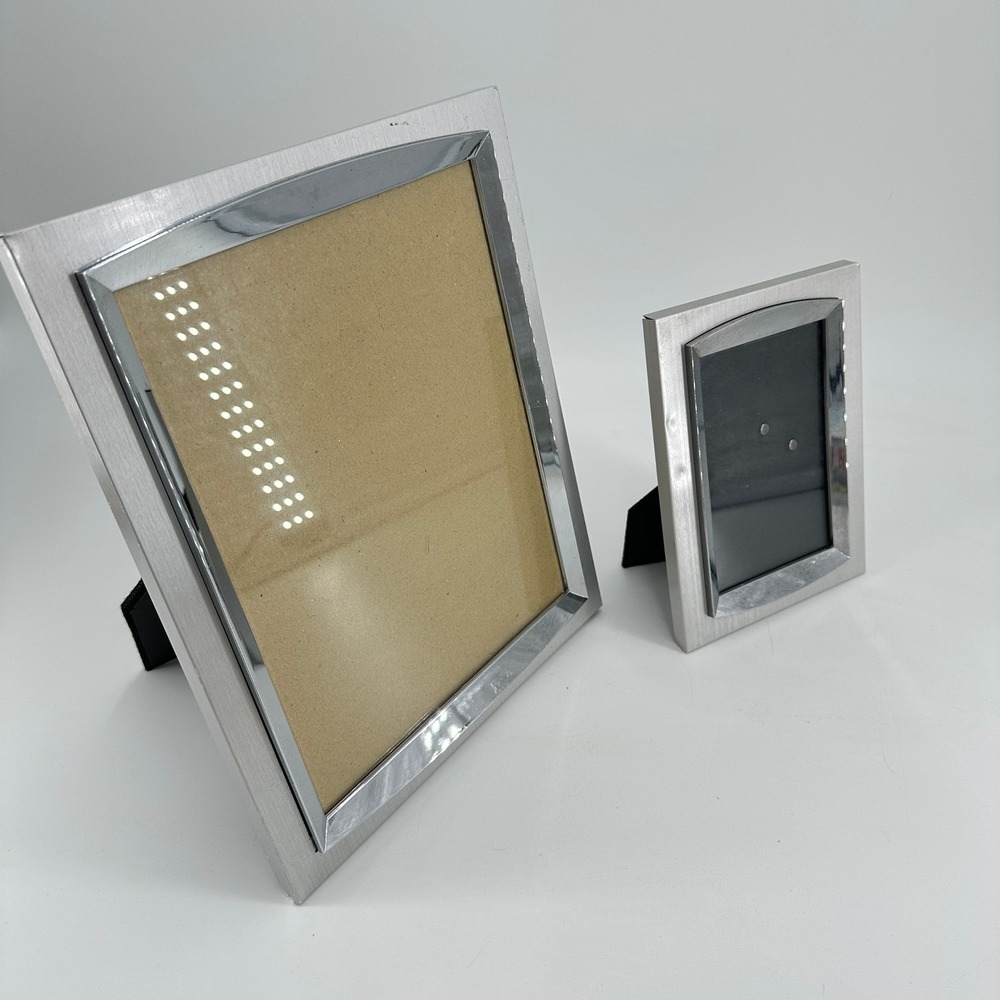 Set of 2 Modern Silver Two Tone Brushed Aluminum and Chrome Picture Frames